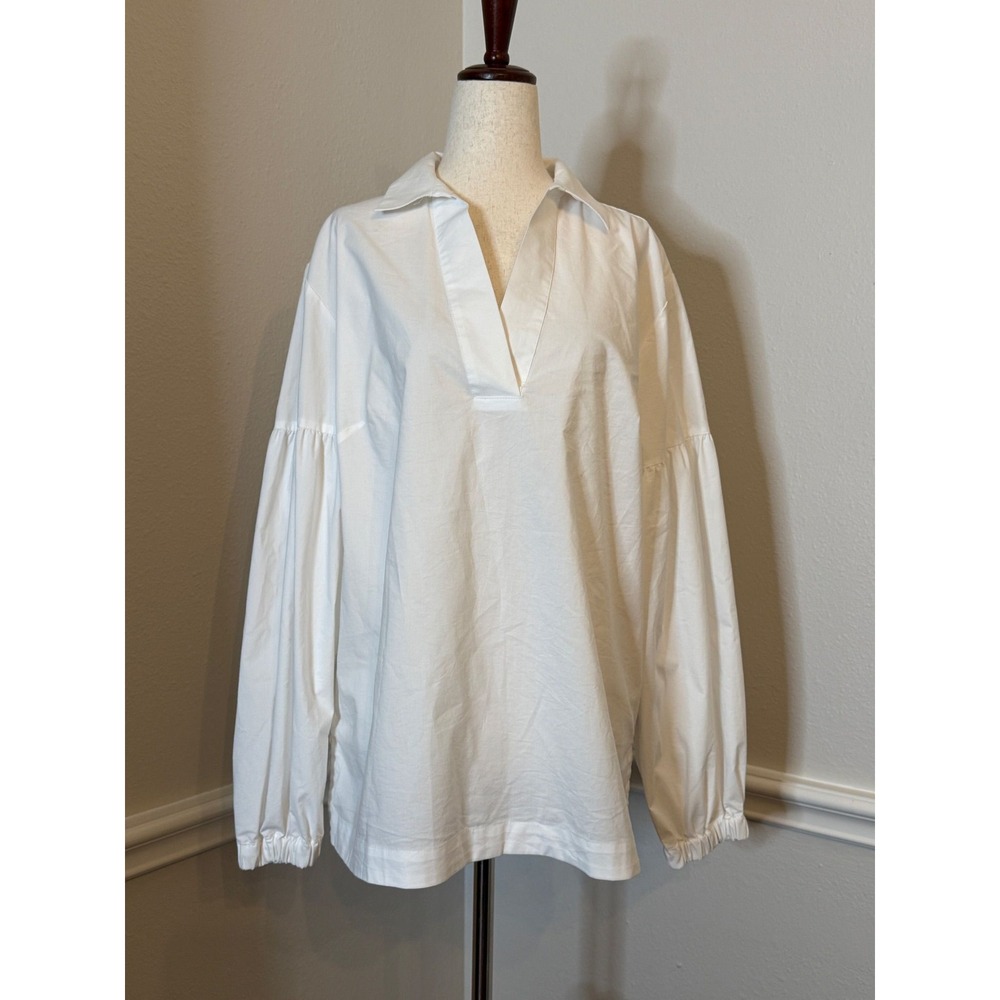 Hinson Wu White Cotton Poplin Puff Sleeve Split Neck Tunic Blouse Womens Size 1